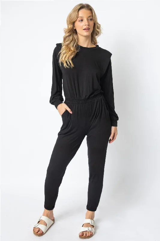 women's jumpsuits for high-performance fabricsBlack Shoulder Pad Long Sleeve Jumpsuit