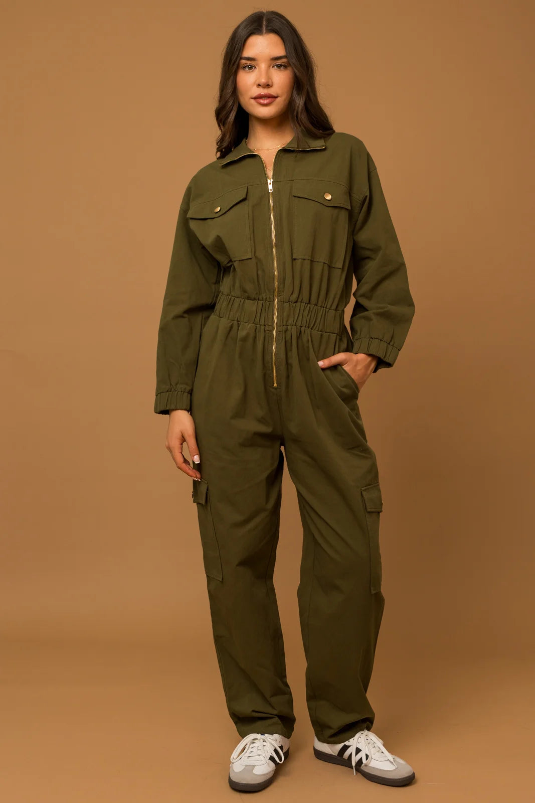 women's jumpsuits for all-day comfortCotton Front Zipper Elastic Waist Cargo Jumpsuit