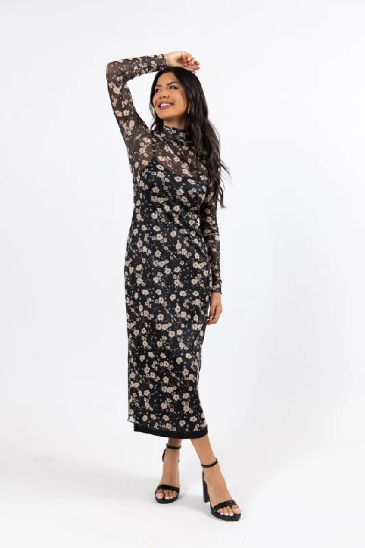 women's versatile dressesGarden Walk Black Floral Mock Neck Midi Dress FINAL SALE