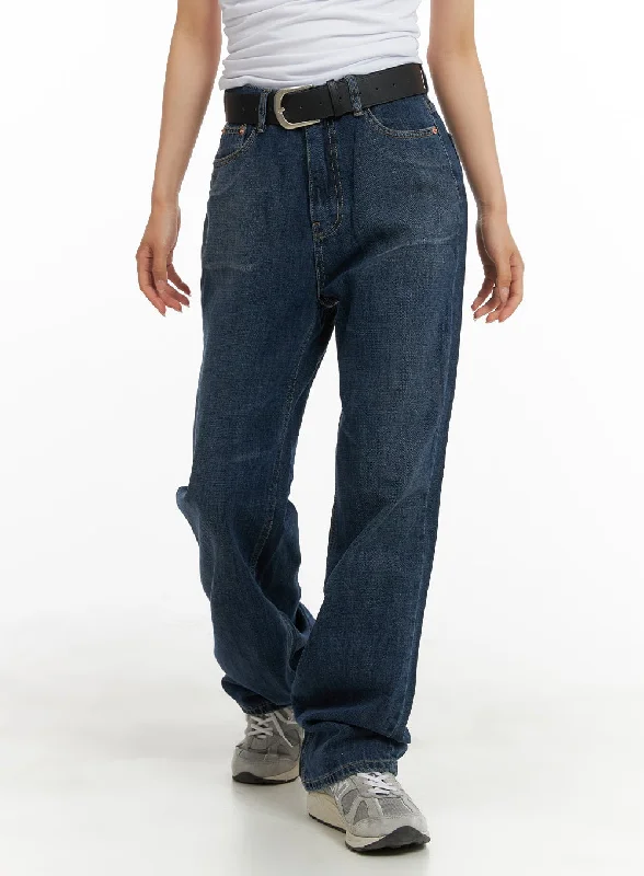 women's denim jeans with distressed hemsWashed Straight Jeans CA408