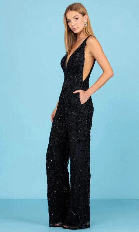 women's jumpsuits for tall womenSCALA 60295 - V-Neck Beaded Jumpsuit