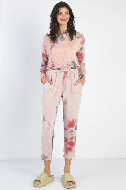 women's jumpsuits for easy dressingBurgundy Tie-Dye Round Neck Long Sleeve Jumpsuit