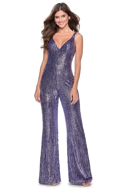 women's jumpsuits for gym sessionsLa Femme - 28722 Sequined Deep V-neck Jumpsuit