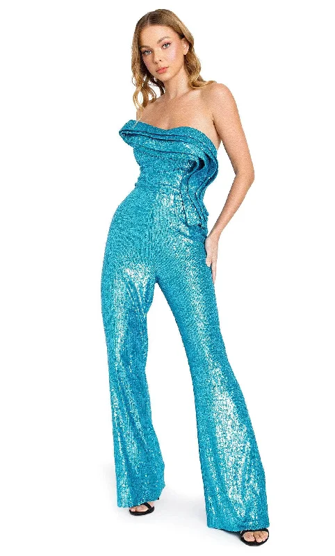 women's boho jumpsuitsNicole Bakti 7215 - Sequin Fold Draped Jumpsuit