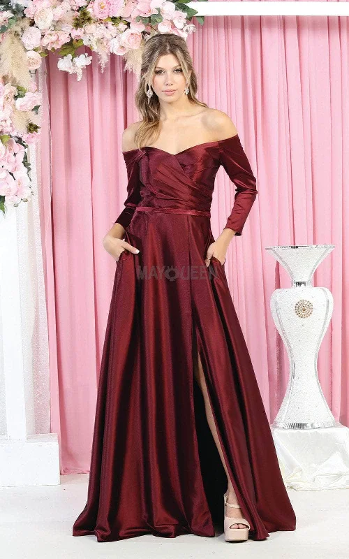 women's bow dressesMay Queen MQ1930 - Off-Shoulder Satin Evening Dress