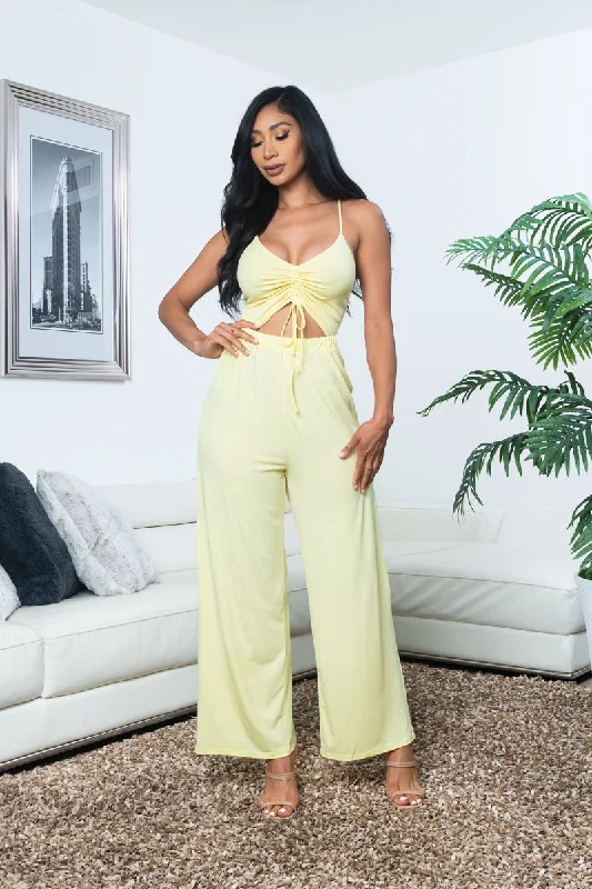 women's glam jumpsuitsSpaghetti Strap Drawstring Tie Front Straight Leg Jumpsuit with Cutout Midriff (3697RY)