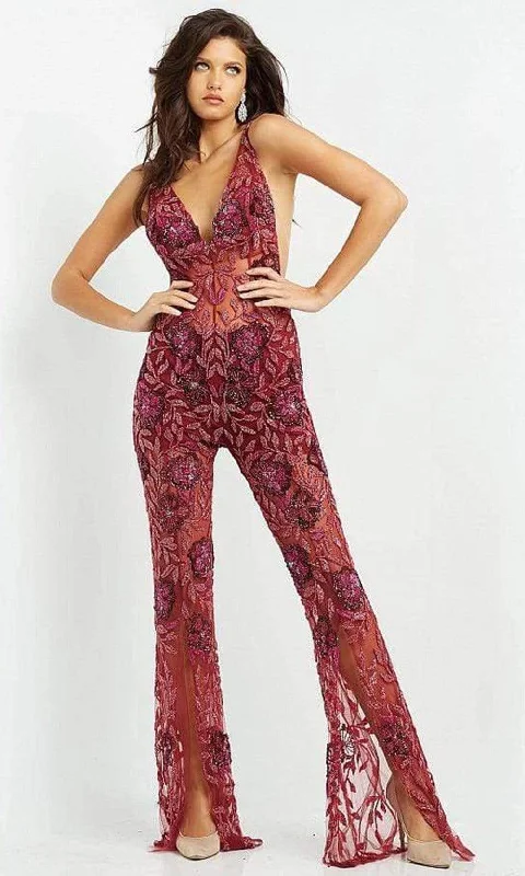 women's jumpsuits for loungingJovani - 04402 V Neck See Through Beaded Jumpsuit