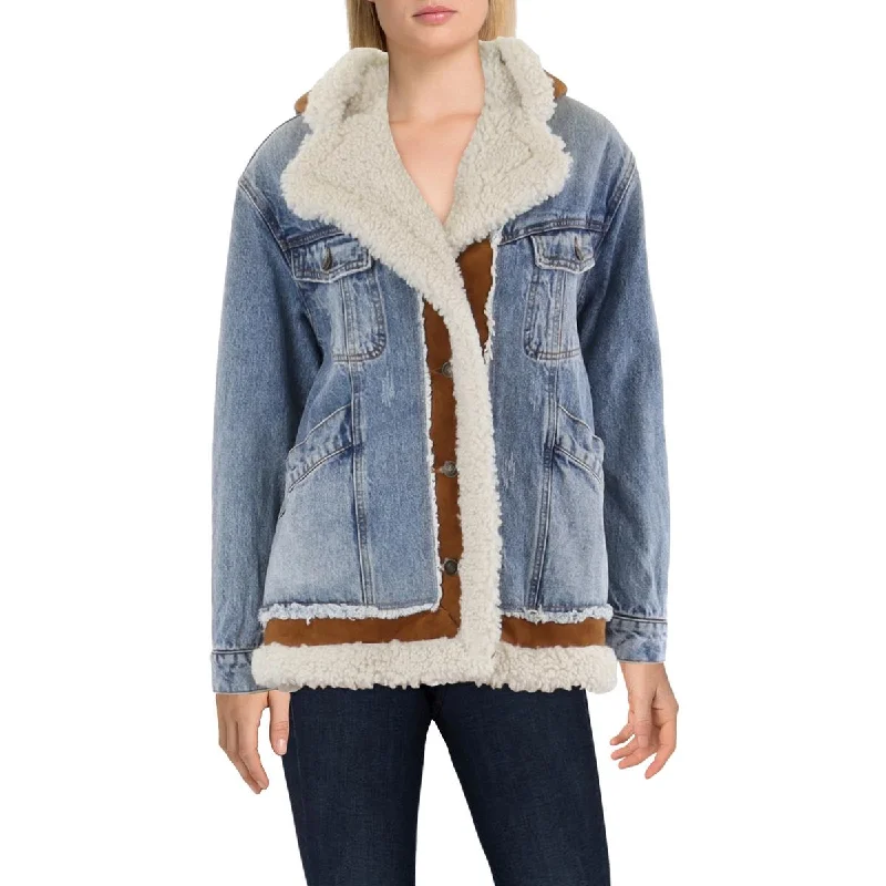 women's coats with embroidered patternsWomens Faux Fur Lined Trucker Denim Jacket