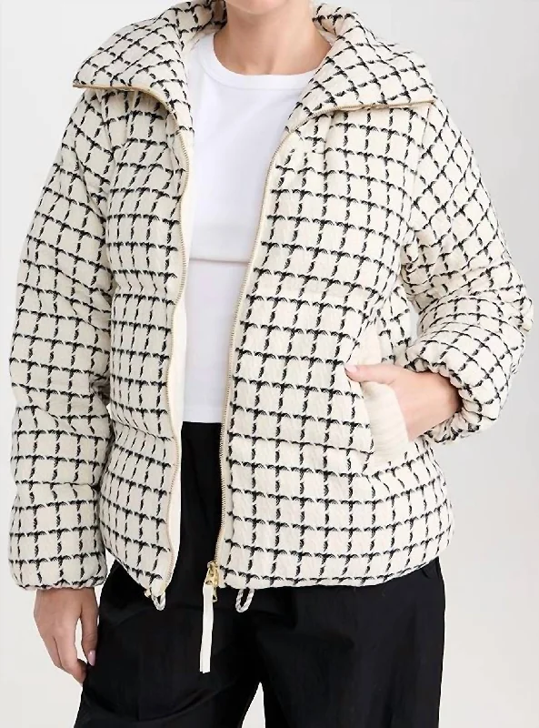 luxury women's coatsEugene Check Puffer Jacket In Egret Mono Check