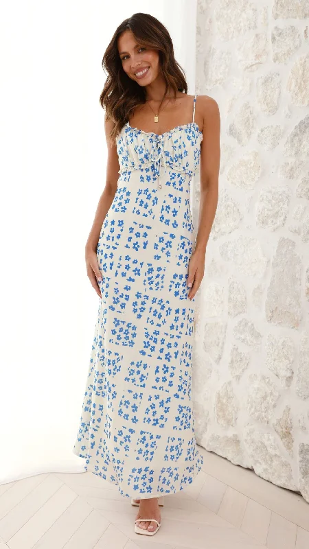 women's casual dressesFarna Midi Dress - Cream/Blue Floral