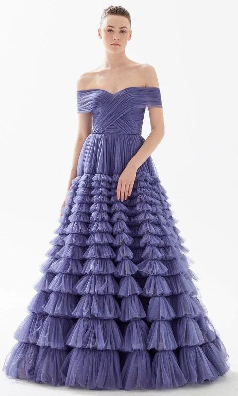 women's shift dressesTarik Ediz 98306 - Off Shoulder Tiered Tulle Evening Gown