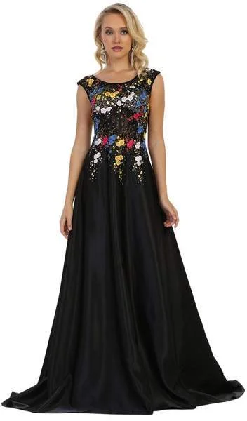 women's party dressesMay Queen - Cap Sleeves Floral Appliqued A-line Evening Gown RQ7587