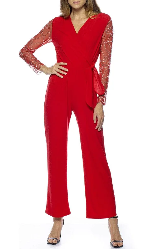 women's jumpsuits for statement fashionMarina 268040 - Embellished Long Sleeve V-Neck Jumpsuit