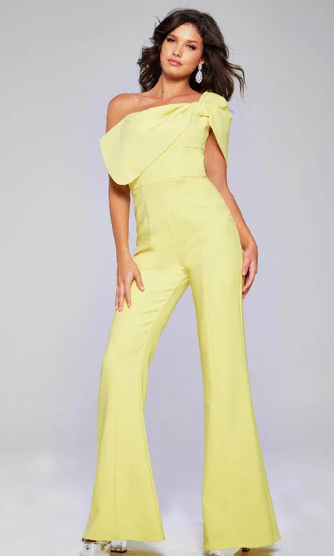 women's jumpsuits with round necksJovani 39961SC - Bow Detailed Asymmetric Jumpsuit