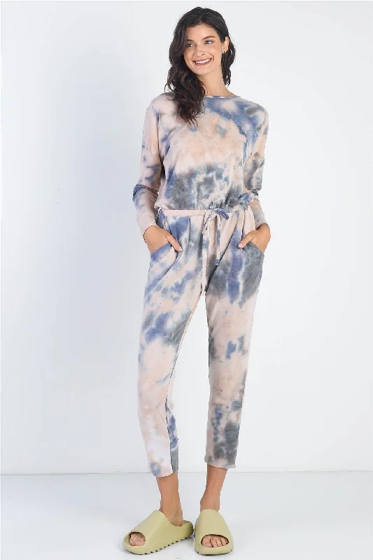 women's jumpsuits for versatile stylingTie-Dye Button Loop Round Neck Long Sleeve Jumpsuit