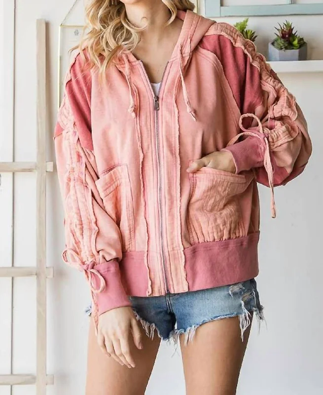 women's coats for apple-shaped bodiesWashed Fabric Mixed Cinched Sleeve Jacket In Dark Rose