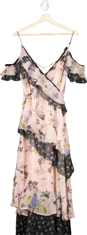 women's empire-line dressesTopshop Pink Floral Print Cold Shoulder Midi Dress UK 8