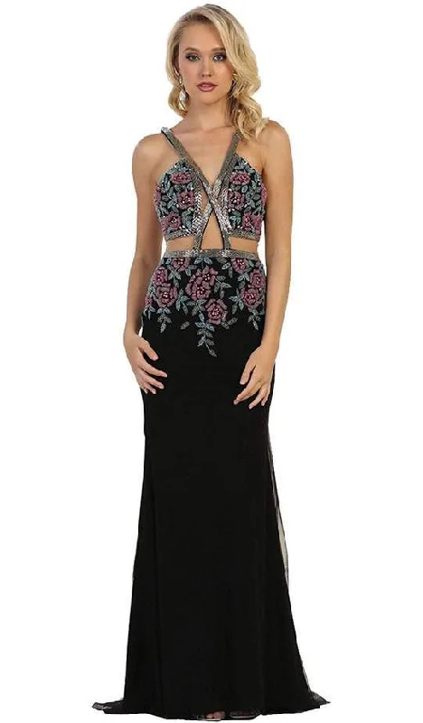 women's unique dressesMay Queen - RQ7597 Floral Embroidered Cutouts Sheath Evening Dress - 1 pc Black/Print In Size 8 Available