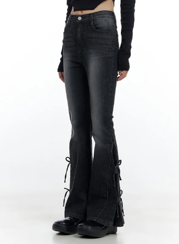 women's denim jeans with frayed edgesFlora Ribbon Washed Bootcut Jeans CS420