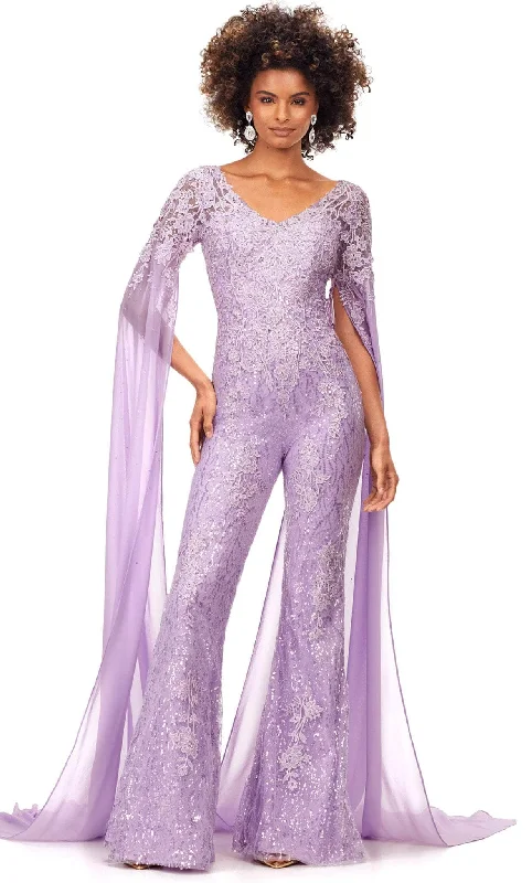 women's jumpsuits with rufflesAshley Lauren 11254 - Embroidered Lace Sheer Sleeved Jumpsuit