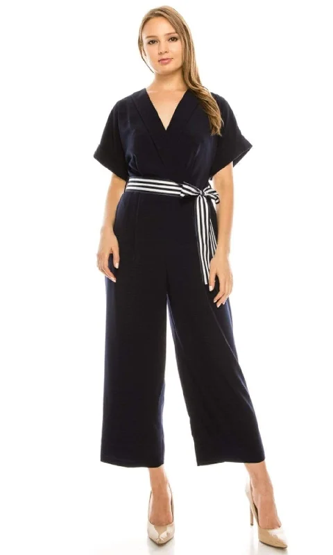 women's jumpsuits made of cottonMaggy London - G4082M Short Sleeve Stripe Belted Capri Jumpsuit