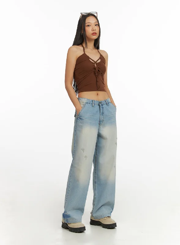 women's denim jeans with distressed back pocketsWashed Denim Wide Leg Jeans IY422