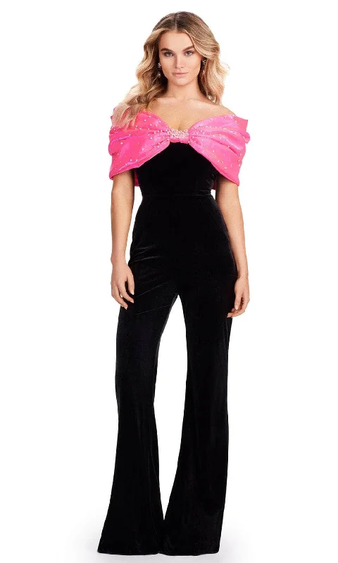 women's jumpsuits with self-ties at the waistAshley Lauren 11535 - Oversized Bow Off Shoulder Jumpsuit