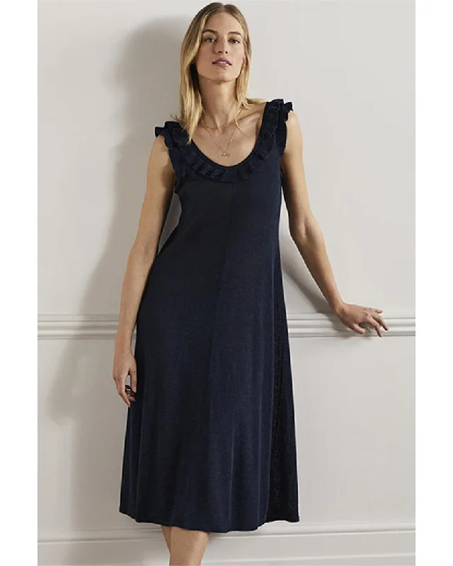 women's breathable dressesBoden Frill Neck Knit Linen-Bend Midi Dress