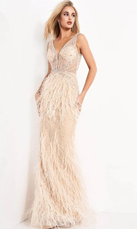 women's made-to-order dressesJovani - 03023 Sheer Bodice Beaded Adorned Feather Fitted Evening Gown