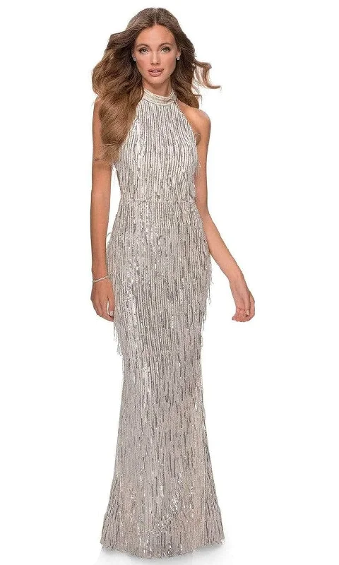 women's shift dressesLa Femme - Sequined Fringe High Halter Evening Dress 28819SC - 1 pc Silver In Size 0 Available