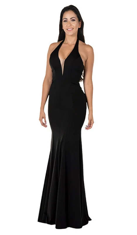 women's metallic dressesPoly USA - 8262 Deep V Neckline Halter Top Mermaid Evening Gown