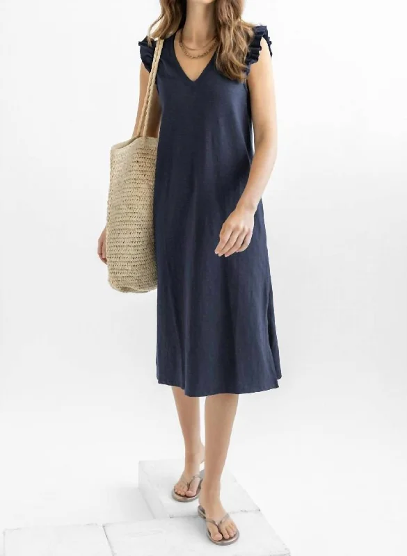 women's travel dressesRuffle V-Neck Midi Dress In Dark Navy