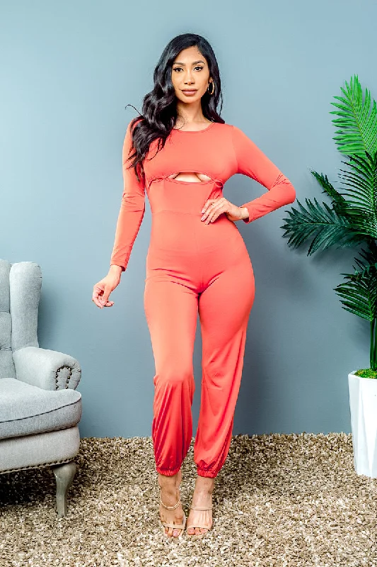 women's jumpsuits with neon colorsJewel Neck Long Sleeve Jumpsuit with Peek-a-boo Midriff  (FL20E308)