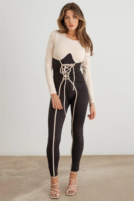 women's jumpsuits for ethical manufacturingContrast Stitch Lace-Up Long Sleeve Jumpsuit /3-2-1