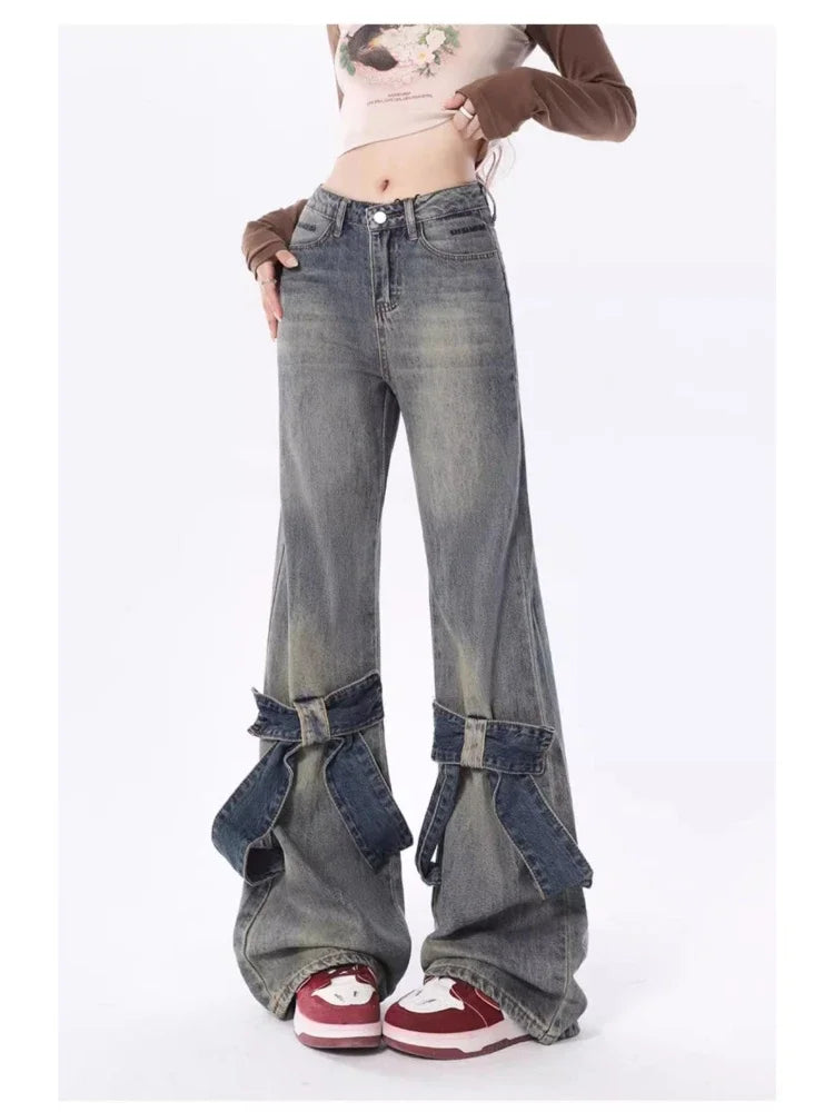 women's hot pantsWomen Denim Y2k Loose Bow Straight High Waist Pants Streetwear Wide Leg Pants