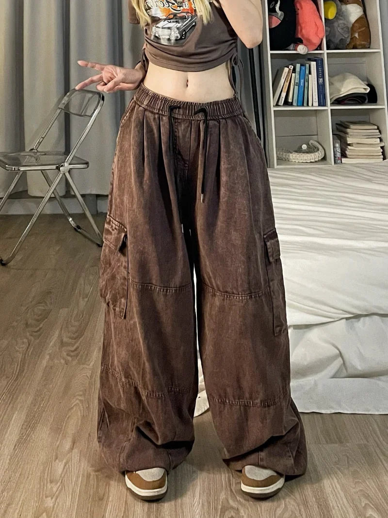 women's straight-leg pantsVintage Cargo Pants Style Wide Leg Trousers Pockets Oversized Streetwear Pants