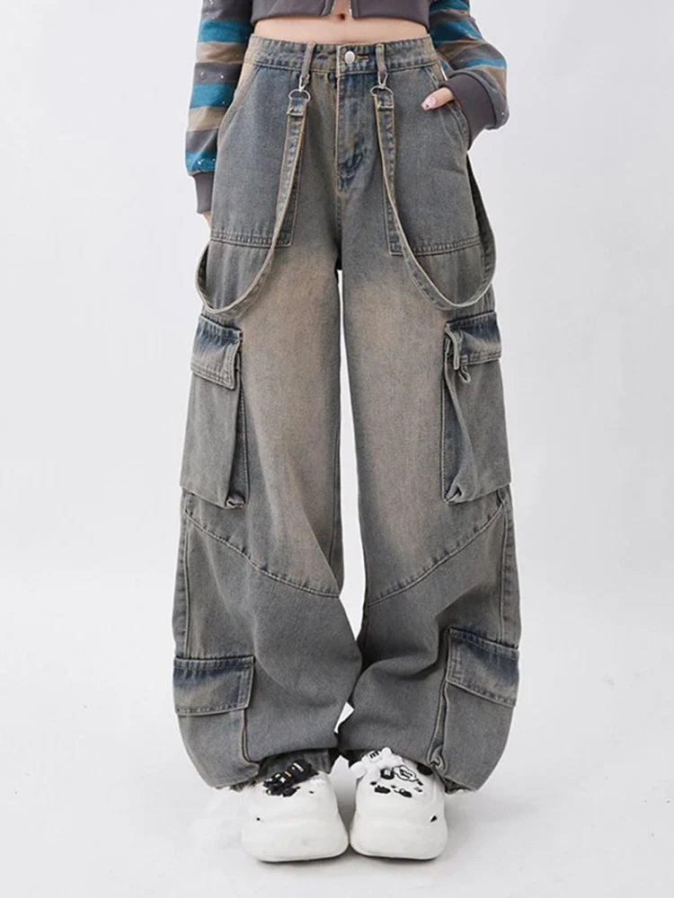 women's patched pantsWomen Y2k Vintage Waist Wide Leg Denim Trousers Streetwear Casual Pockets Pants