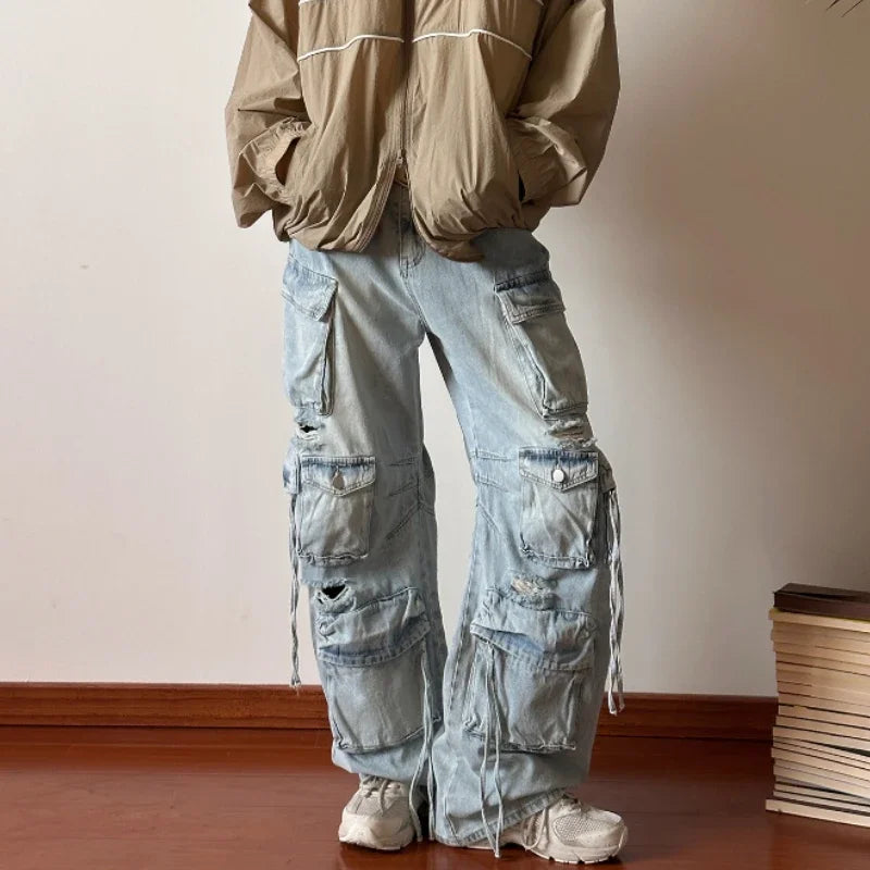 women's high-performance pantsSolid Jeans Men's Design Sense Hip-hop Hole Washed Mid-waist Loose Drag Wide Pants