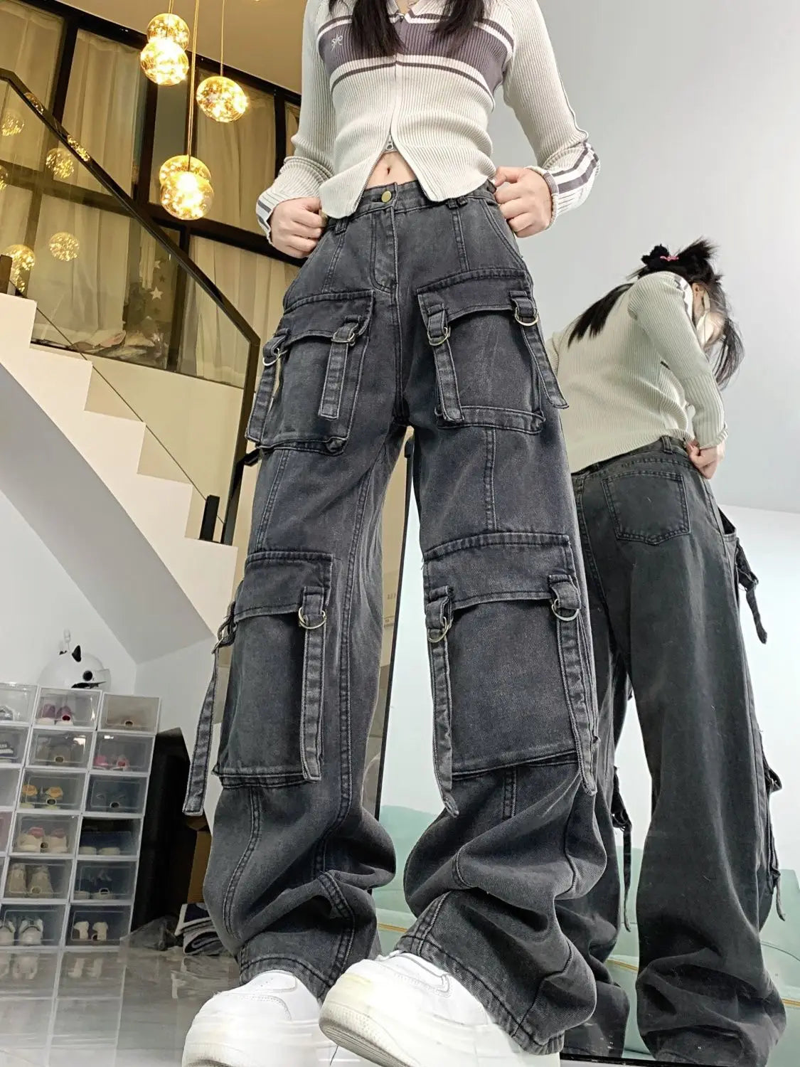 women's floral pantsWashed Multi-pocket Cargo Pants Women Dark Grey Personality High Waisted Pants