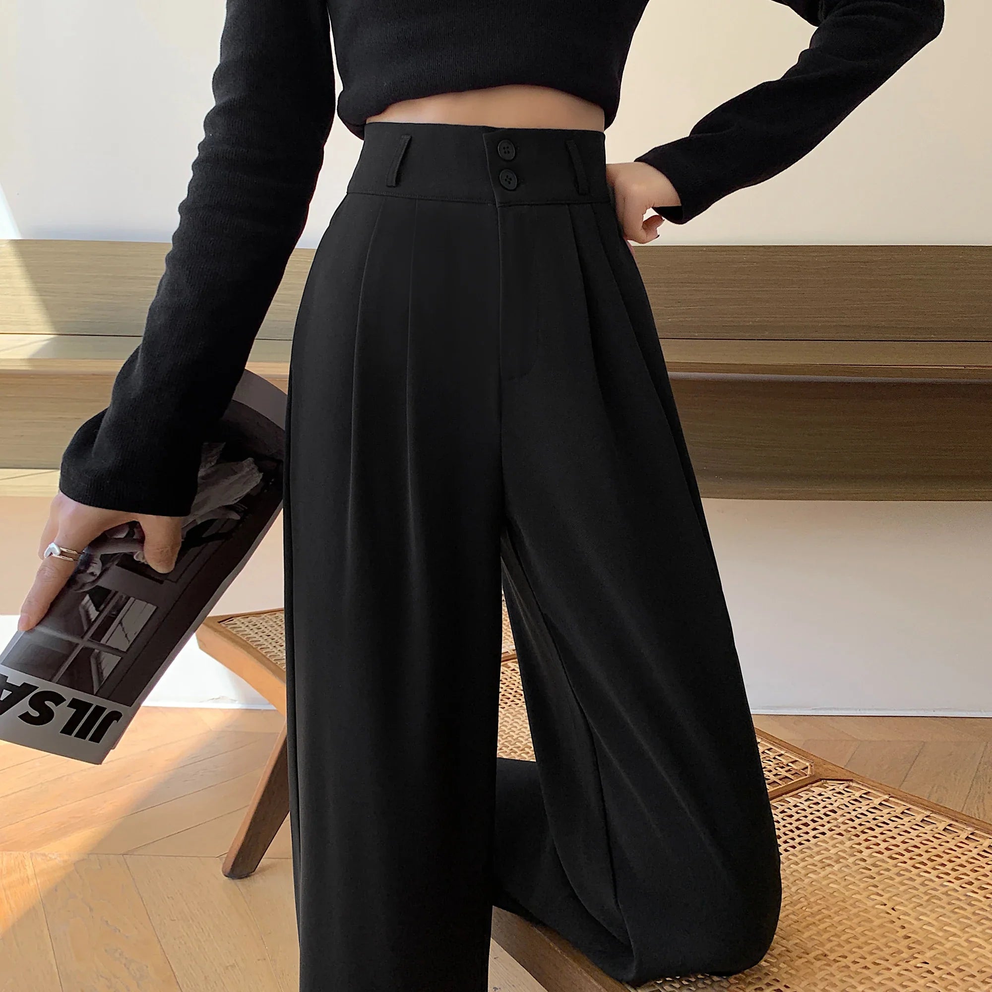 women's retro pantsHigh Waisted Pants For Women 2024 New Fashion Button Up Wide Leg Office Ladies Pants