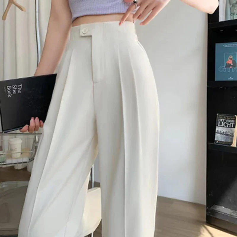 women's straight-leg pantsWomen Cotton Linen Pants Elastic Waist Loose Straight Female Solid Color Ankle-Length Pants