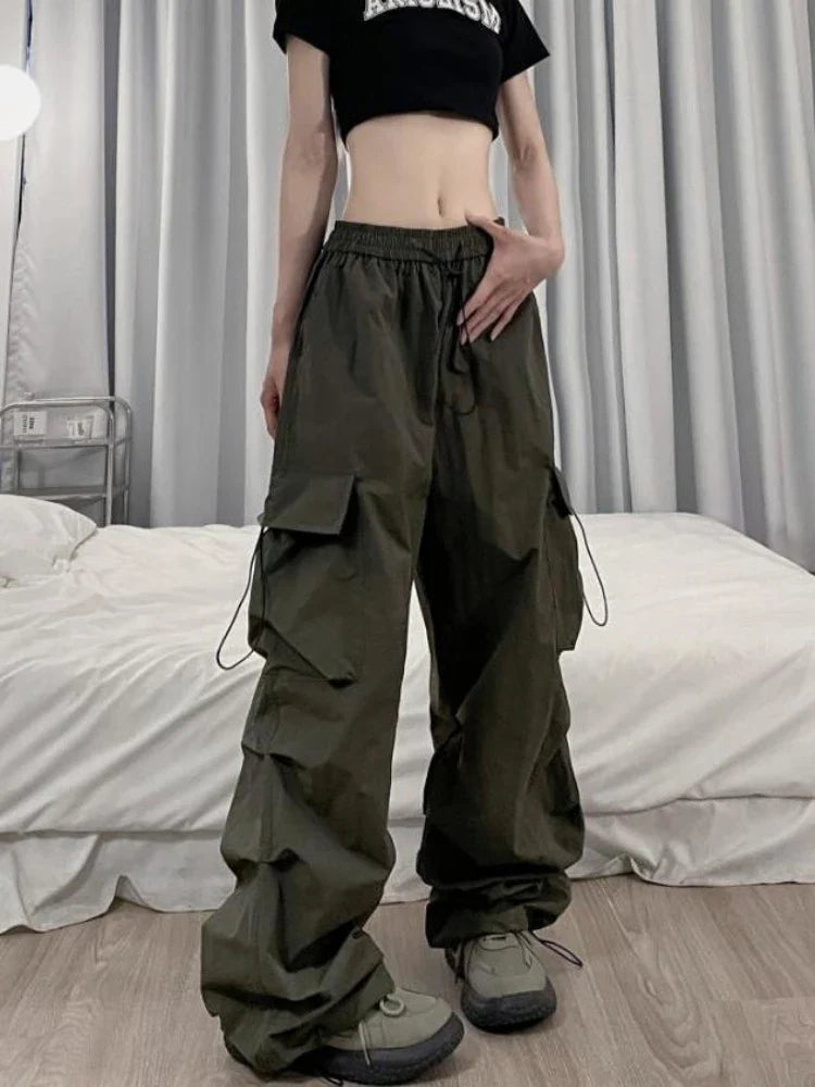 women's insulated pantsWomen Cargo Parachute Pants Y2k Vintage Streetwear High Waist Joggers Baggy Wide Leg Pants