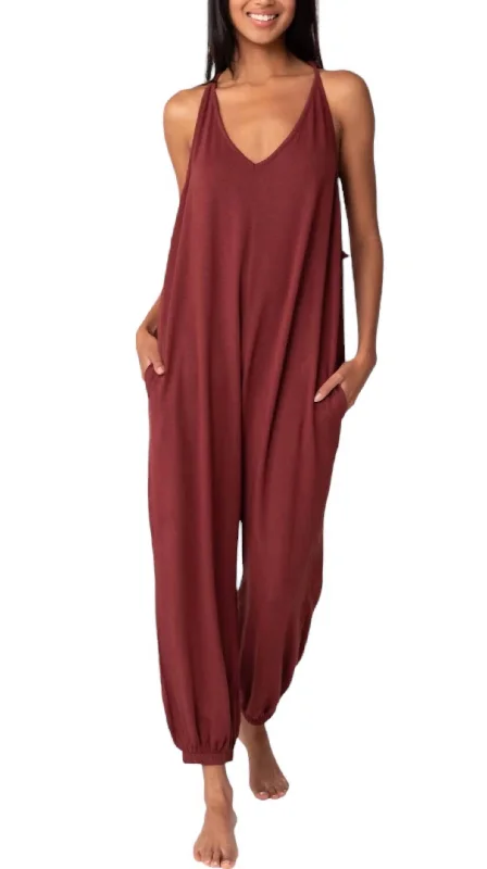 women's cargo pantsFrench Terry Tie Back Jumpsuit In Rust