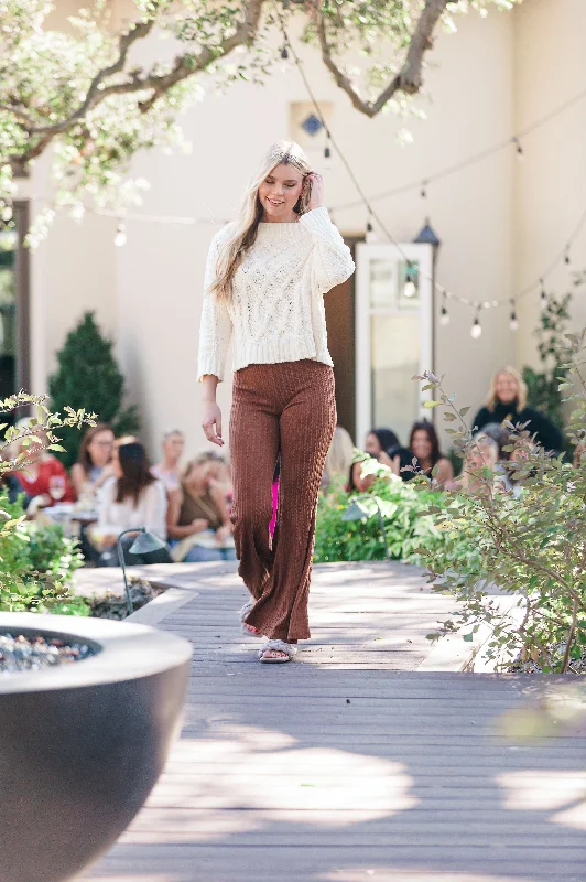 women's petite pantsToffee Crunch Cable Knit Flare Pants