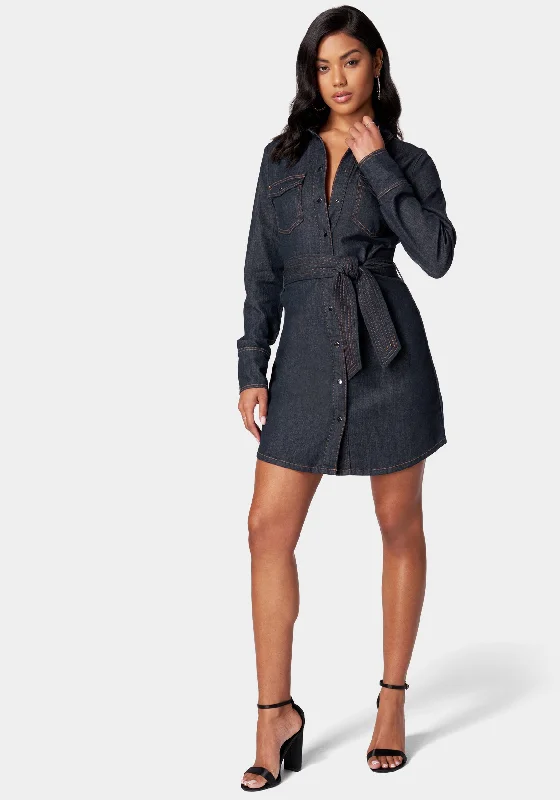 women's one-shoulder dressesBelted Button Down Denim Shirt Dress