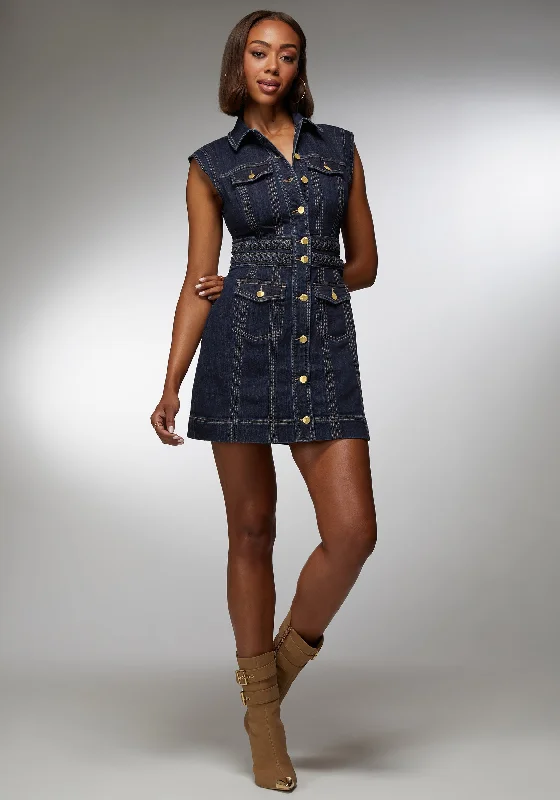 women's flutter-sleeved dressesButton Front Braided Waist Denim Dress