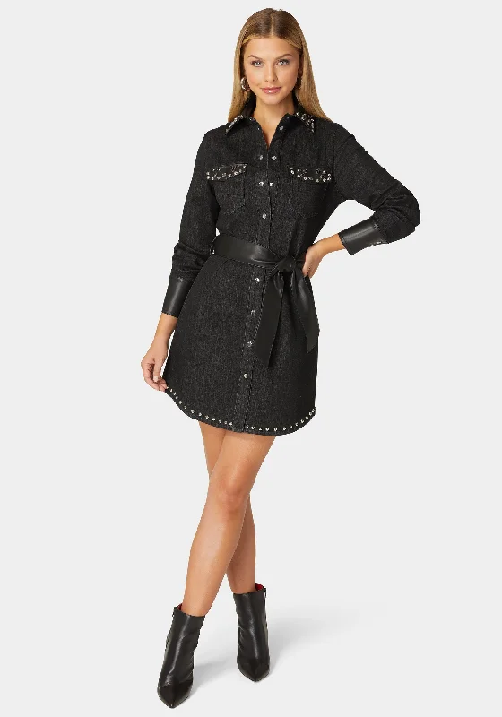 women's affordable dressesFitted Combo Vegan Leather Studded Denim Shirt Dress