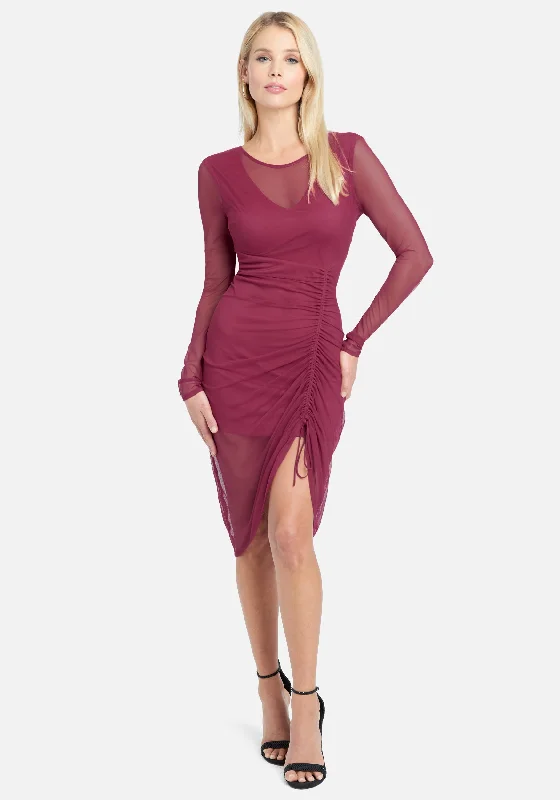 women's satin dressesLong Sleeve Mesh Ruched Dress