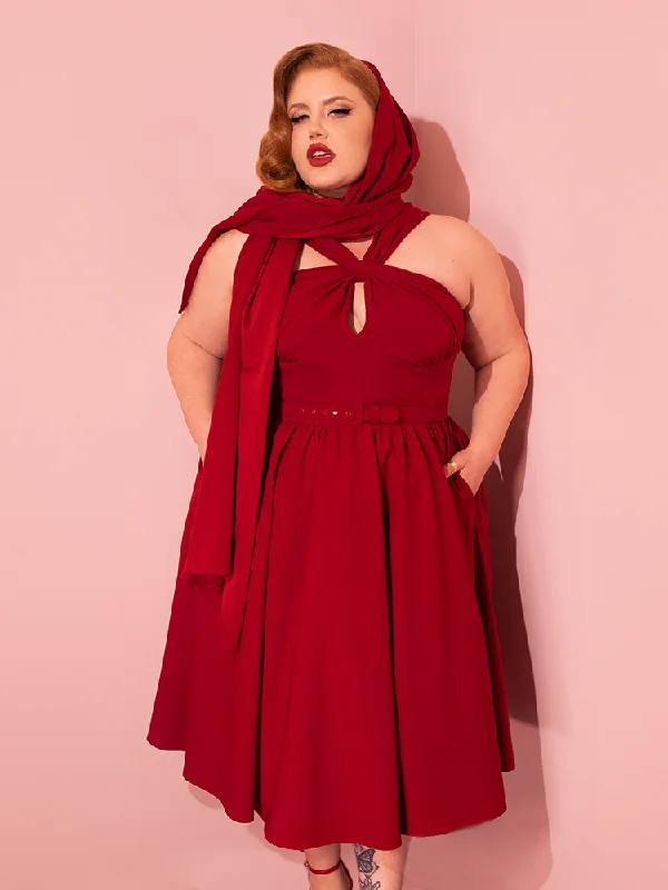 women's unique dressesPRE-ORDER - Golden Era Swing Dress and Scarf in Ruby Red - Vixen by Micheline Pitt