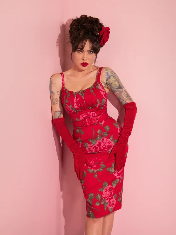 women's vintage dressesPRE-ORDER - Ingenue Wiggle Dress in Vintage Red Rose Print - Vixen by Micheline Pitt